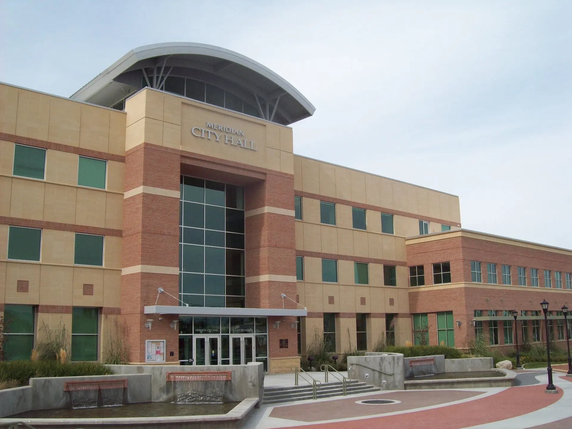 Meridian Idaho City Hall building, showcasing the municipal government facility and its surrounding grounds.