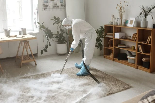 A man wearing personal protective equipment (PPE) spraying disinfectant onto the floor during a sanitation procedure.